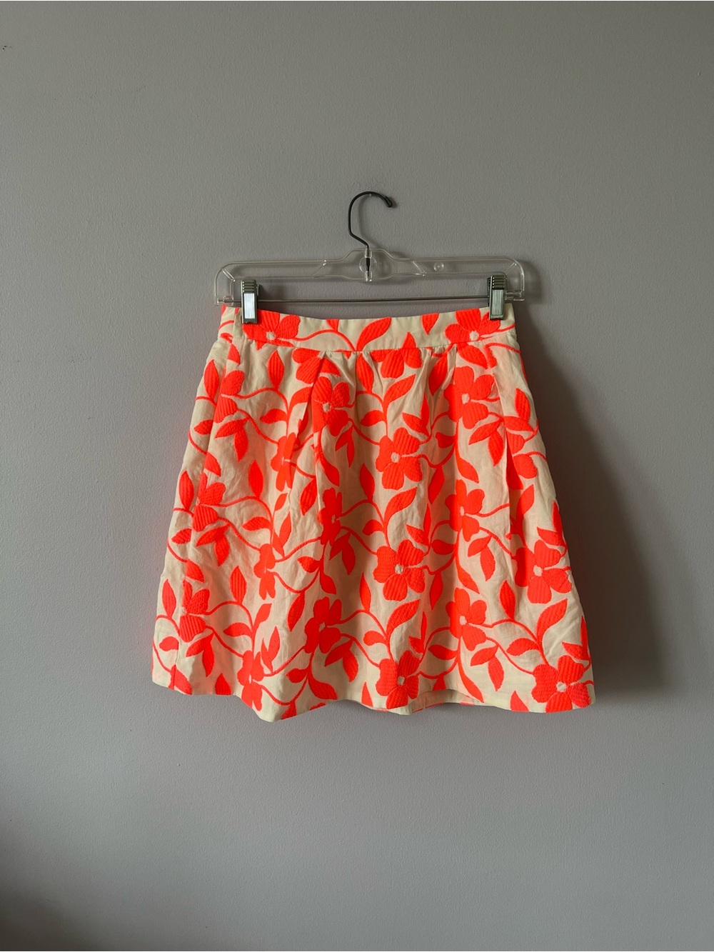 J. Crew Neon Coral Floral A-Line Skirt on Cream